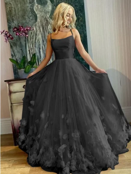 Prom Dresses Elegant Dress Engagement Floor Length Sleeveless Strap Tulle with Pleats Appliques Stylish Tulle Gown