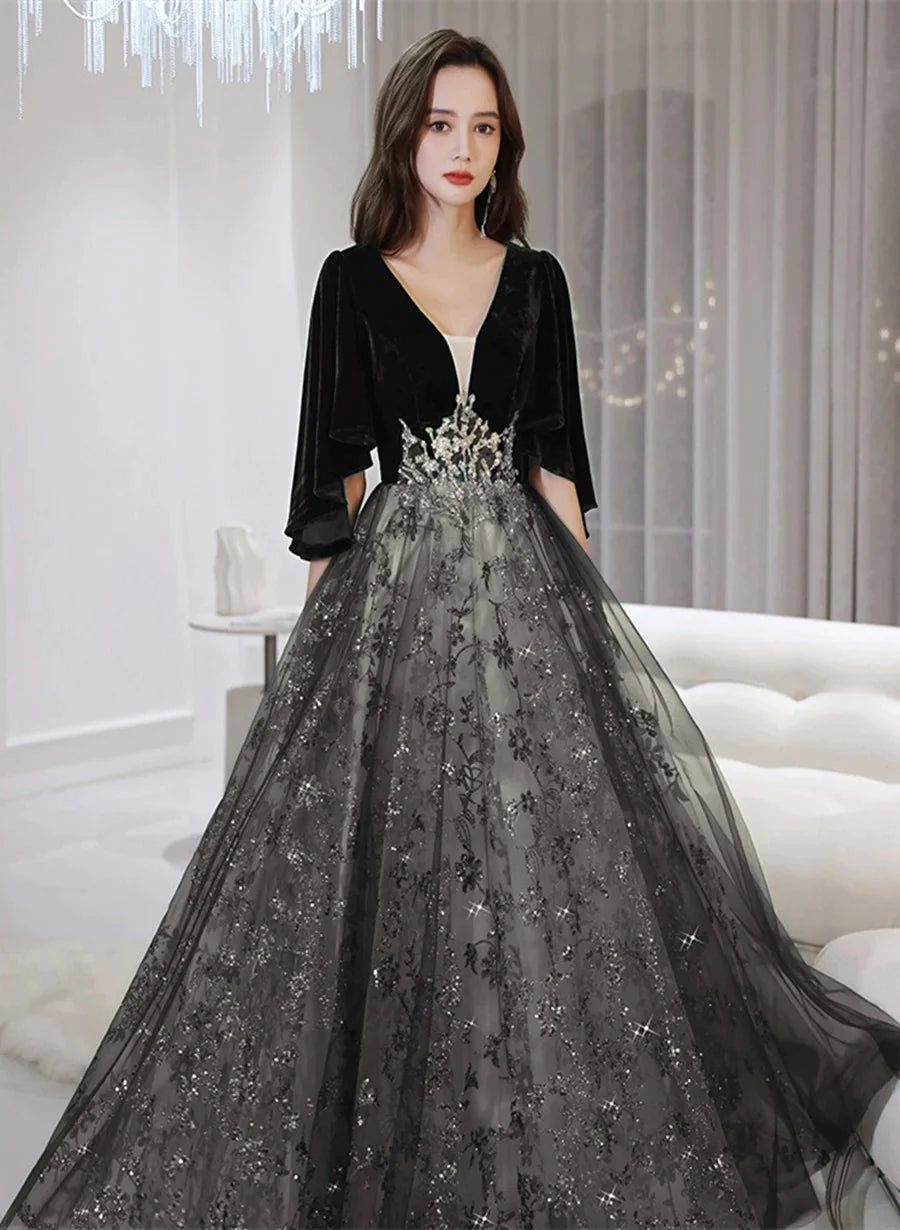 Black Tulle and Velvet Chic Long A-line Prom Dress, Black Formal Dress Tulle Dress Formal