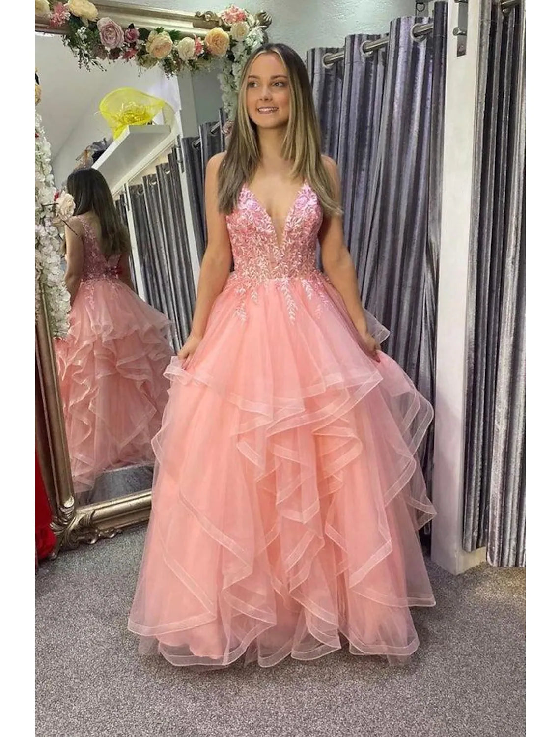 A-Line Prom Dresses Princess Dress Formal Floor Length Sleeveless V Neck Tulle Backless with Pleats Appliques Tulle Evening Gown