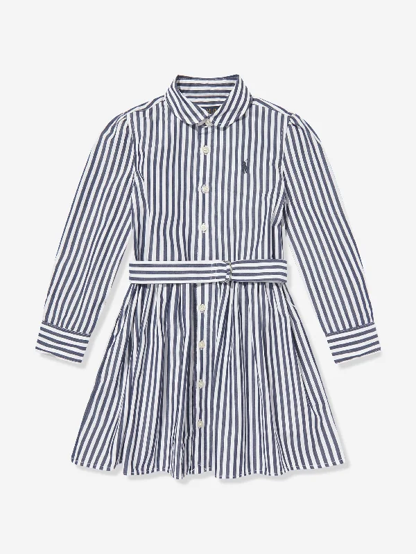 Ralph Lauren Girls Striped Poplin Shirt Dress in Navy Button Detail Shirt