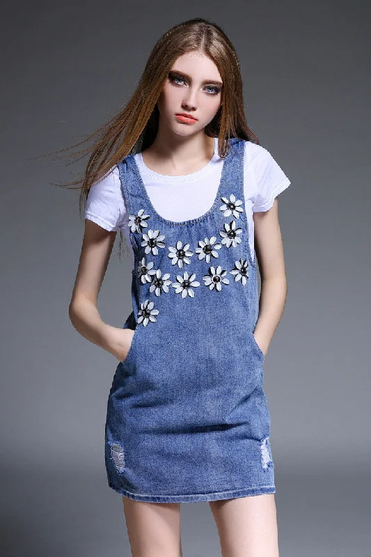 Flower Design T-Shirt Denim Dress Simple Shirt Dress