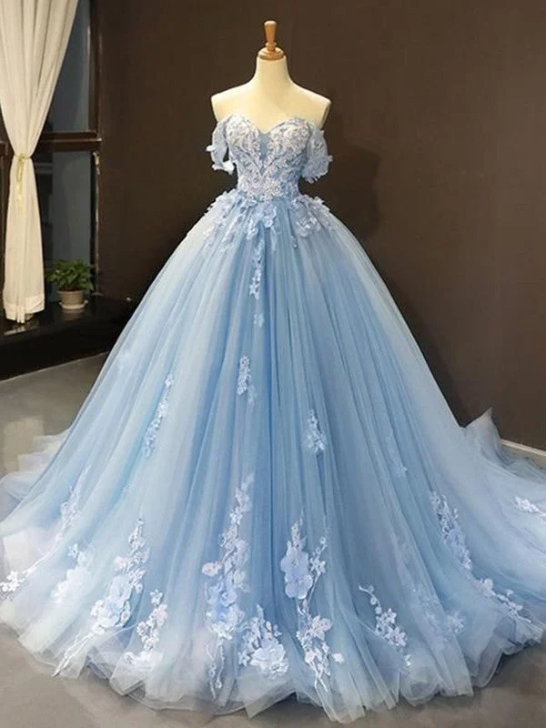 Ball Gown Tulle Off-the-Shoulder Sleeveless Applique Sweep/Brush Train Dresses Tulle Dress Chic