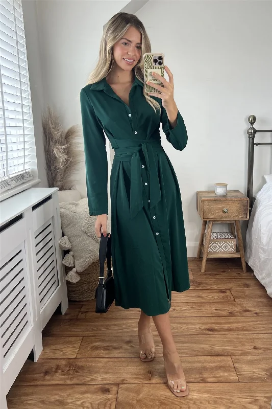 Green Long Sleeve Midi Shirt Dress Tartan Shirt Dress