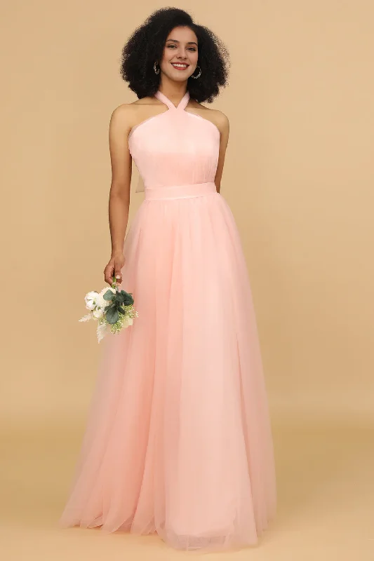 Powder blusher A-shaped neck and floor tulle bridesmaid dress Tulle Cocktail Dress