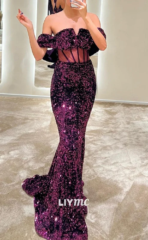 LP1845 - Sexy Off-Shoulder Sequins Sheer Sheath Mermaid Sparkly Prom Dress Sequin Detail Dress