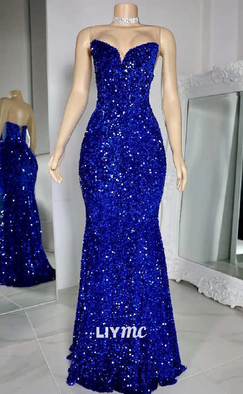 LP1415 - V-Neck Sleeveless Lace-Up Sequins Sparkly Mermaid Prom Dress for Black Girls Slay Beautiful Sequin Dress