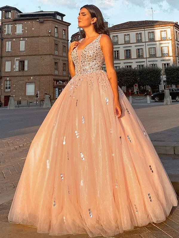 Ball Gown Tulle V-neck Beading Sleeveless Floor-Length Dresses Casual Tulle Dress