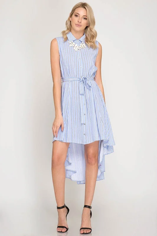 Sleeveless High Low Shirt Dress Belted Shirt Dress