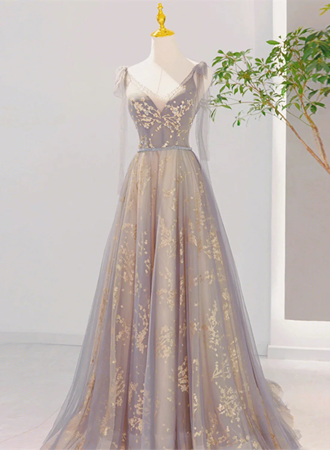 Beautiful V-neckline Lace-up Champagne and Grey Long Formal Dress, Tulle Prom Dress Tulle Midi Dress