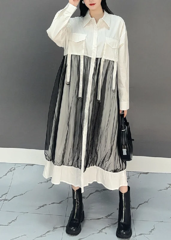 Chic White Peter Pan Collar Asymmetrical Patchwork Long Shirts Dress Spring Chic Shirt Dress