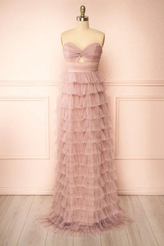 Qila Mauve | Strapless Tulle Ruffled Dress Tulle Dress Look