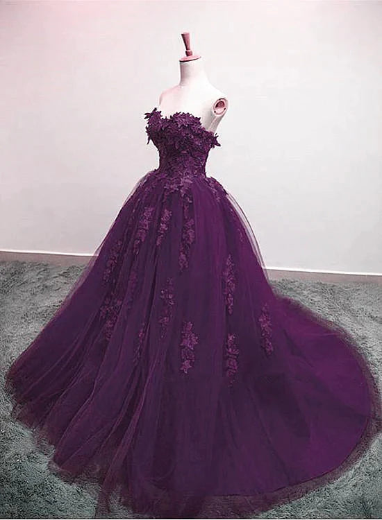 Charming Ball Gown Purple Tulle Sweetheart Lace Applique Formal Dress, Purple Sweet Dresses Tulle Skirt Dress