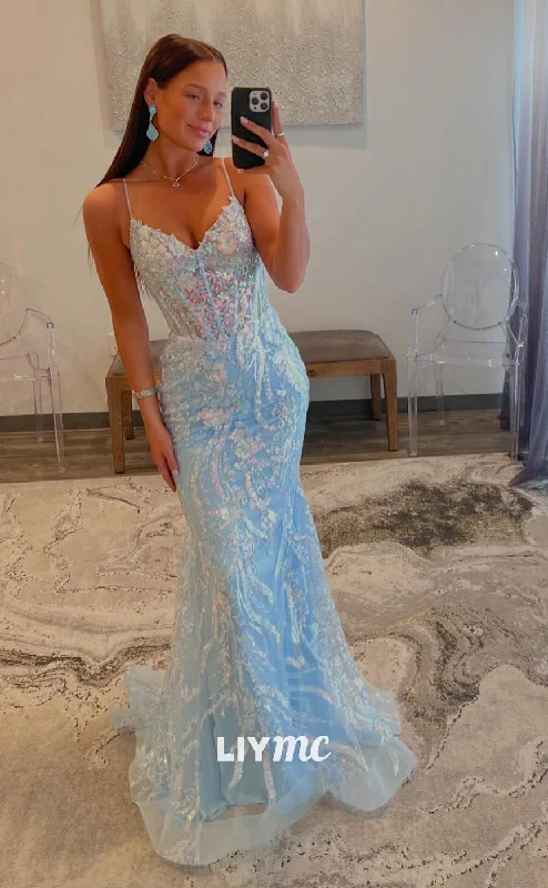 LP813 - Spaghetti Straps V Neck Sequins Mermaid Formal Prom Dress Modern Sequin Dress