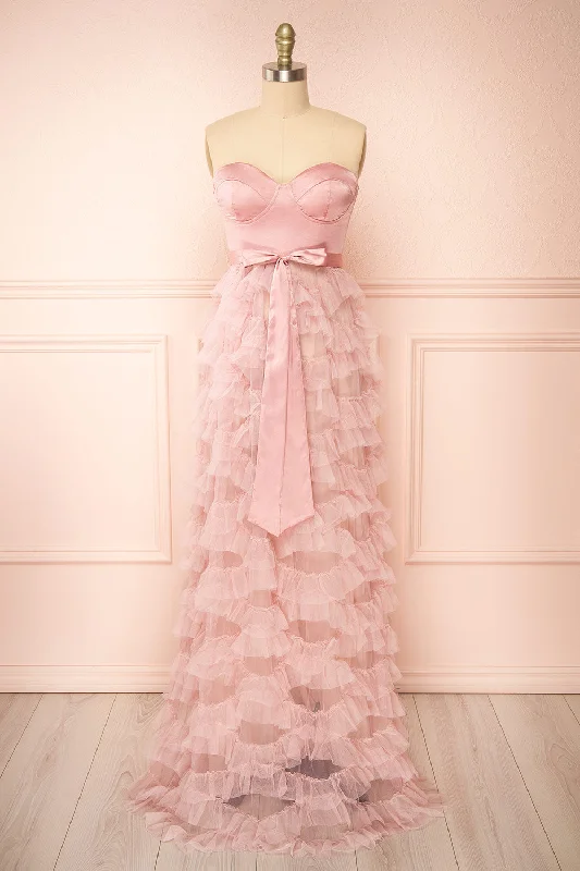 Jurin Blush | Bustier Maxi Dress w/ Ruffled Tulle Floor-length Tulle Dress