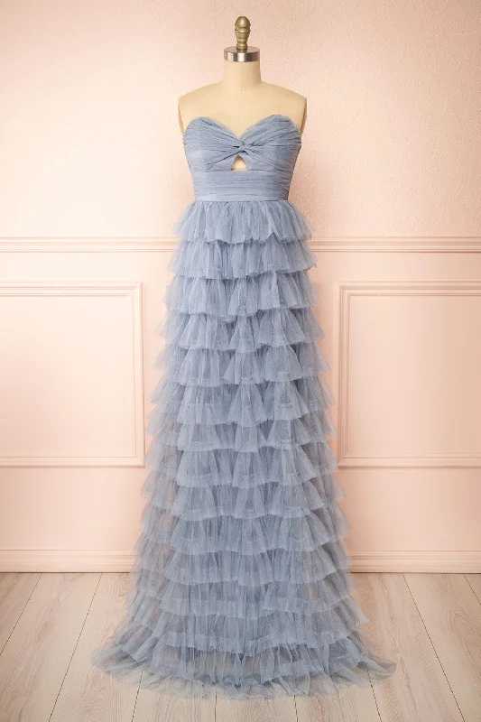 Qila Blue | Strapless Tulle Ruffled Dress Tulle Dress Sparkle