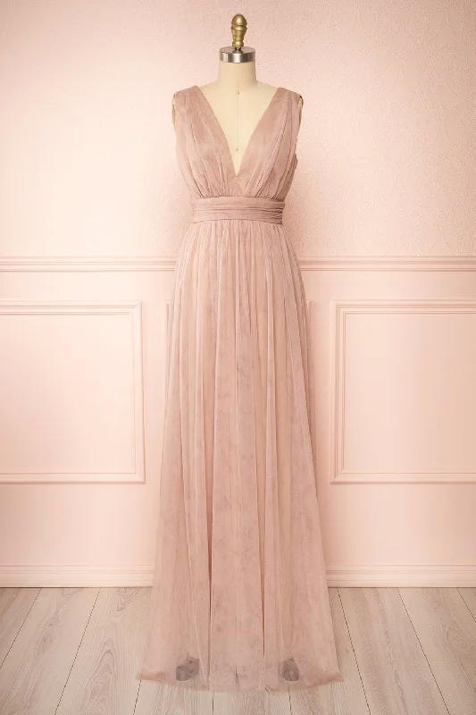 Samina Taupe | Tulle Maxi Dress w/ Plunging Neckline Fluffy Tulle Dress