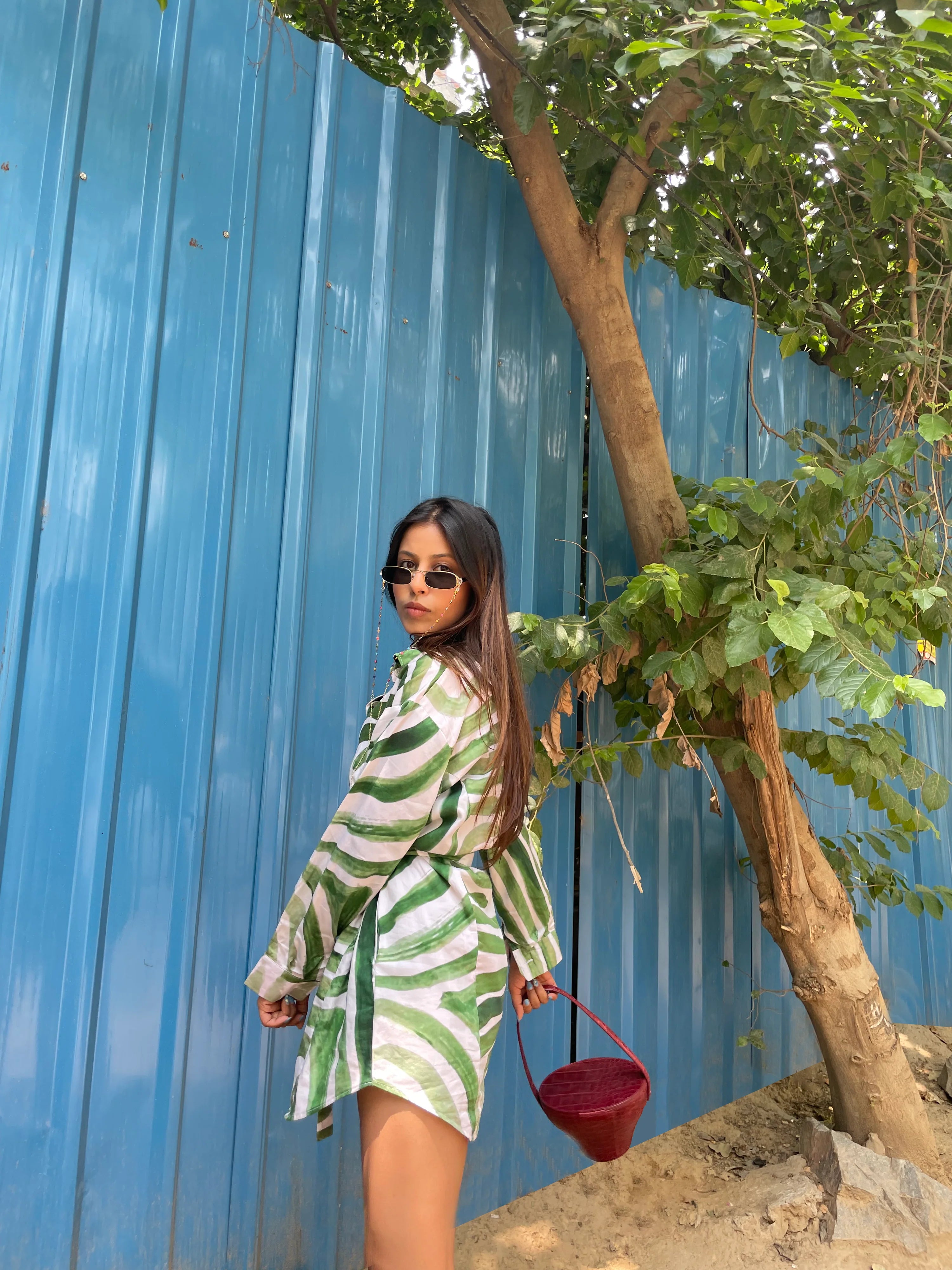 Everyday Shirt Cotton Dress in Green Abstract Comfy Shirt Dress