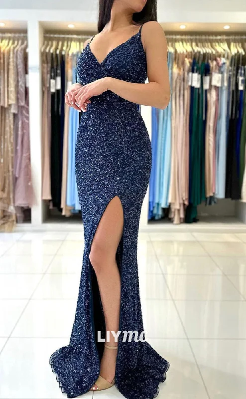 LP1856 - V-Neck Spaghetti Straps Sleeveless Sequins High Slit Mermaid Sexy Prom Dress Sequin Dress Night