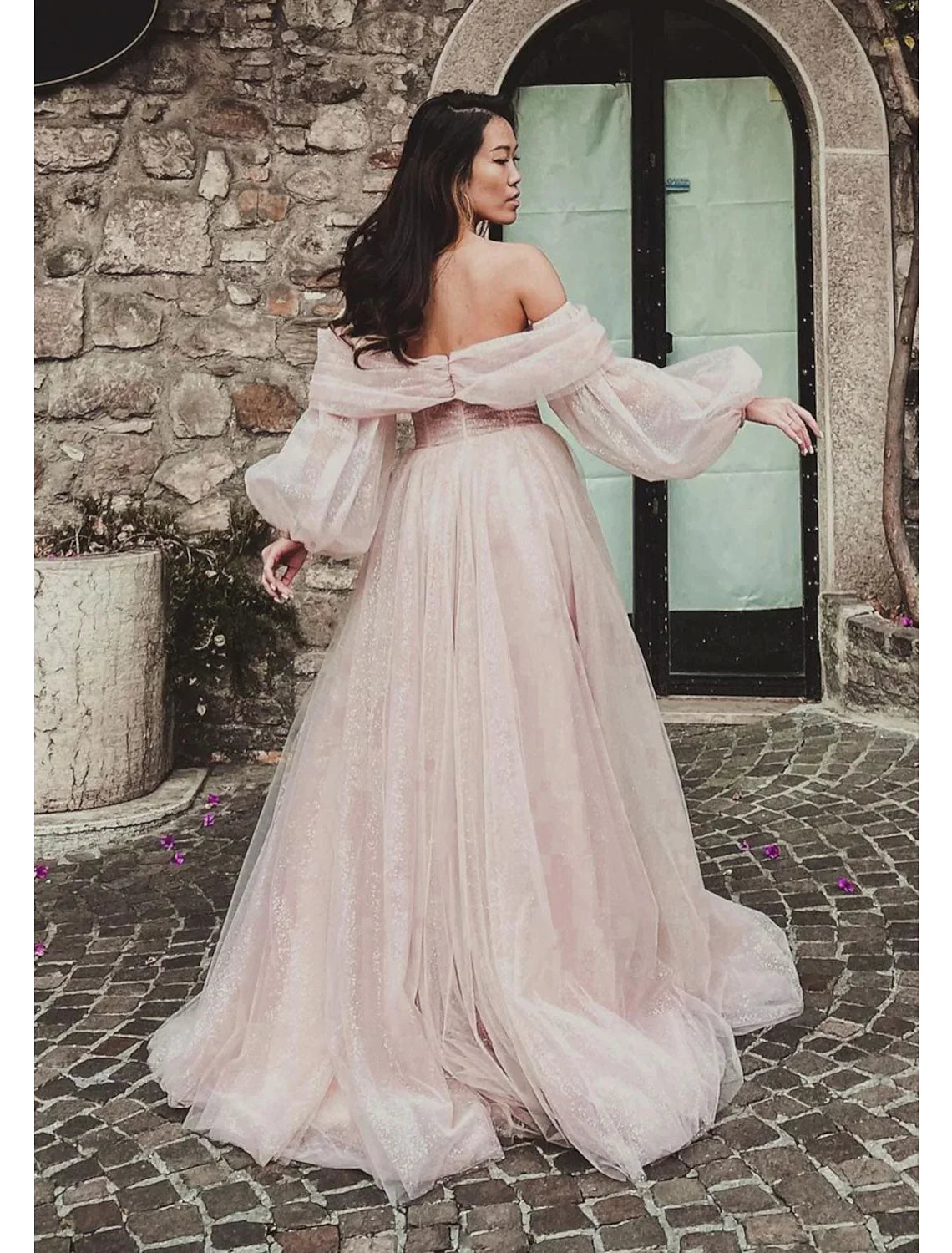 A-Line Prom Dresses Corsets Dress Formal Floor Length Long Sleeve Off Shoulder Tulle Glitter Ruched Slit Casual Tulle Gown