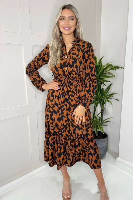 Leopard Long Sleeve Midi Shirt Dress In Brown Denim Shirt Dress