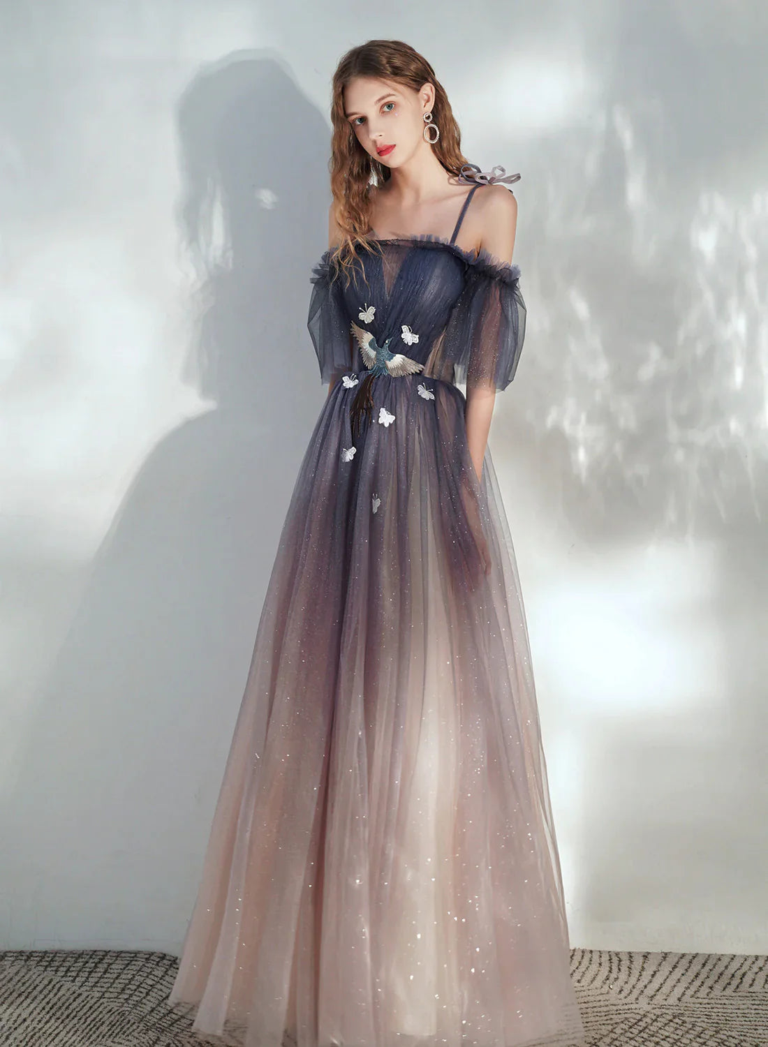 Beautiful Gradient Tulle Off Shoulder with Butterflies, A-line Simple Long Prom Dress Tulle Dress Vibe