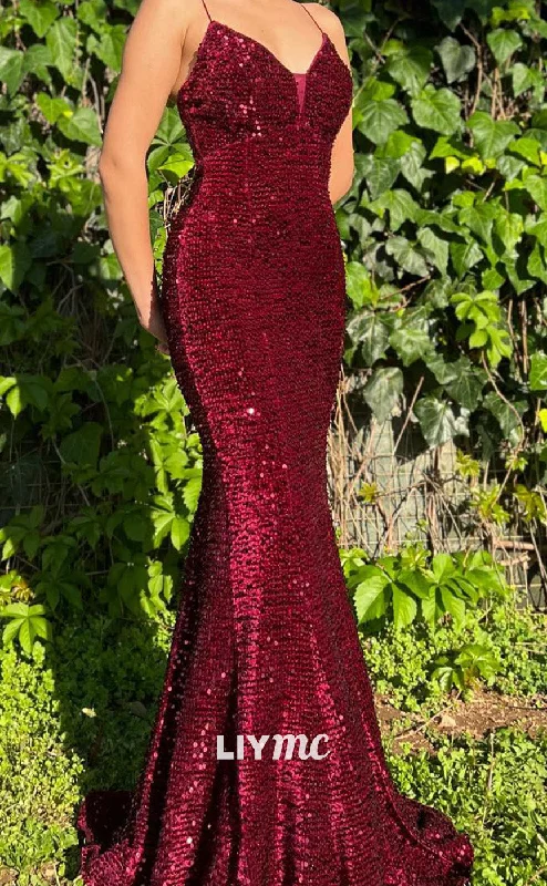 LP2174 - V-Neck Spaghetti Straps Sequins Sparkly Mermaid Prom Dress Elegant Sequin Dress