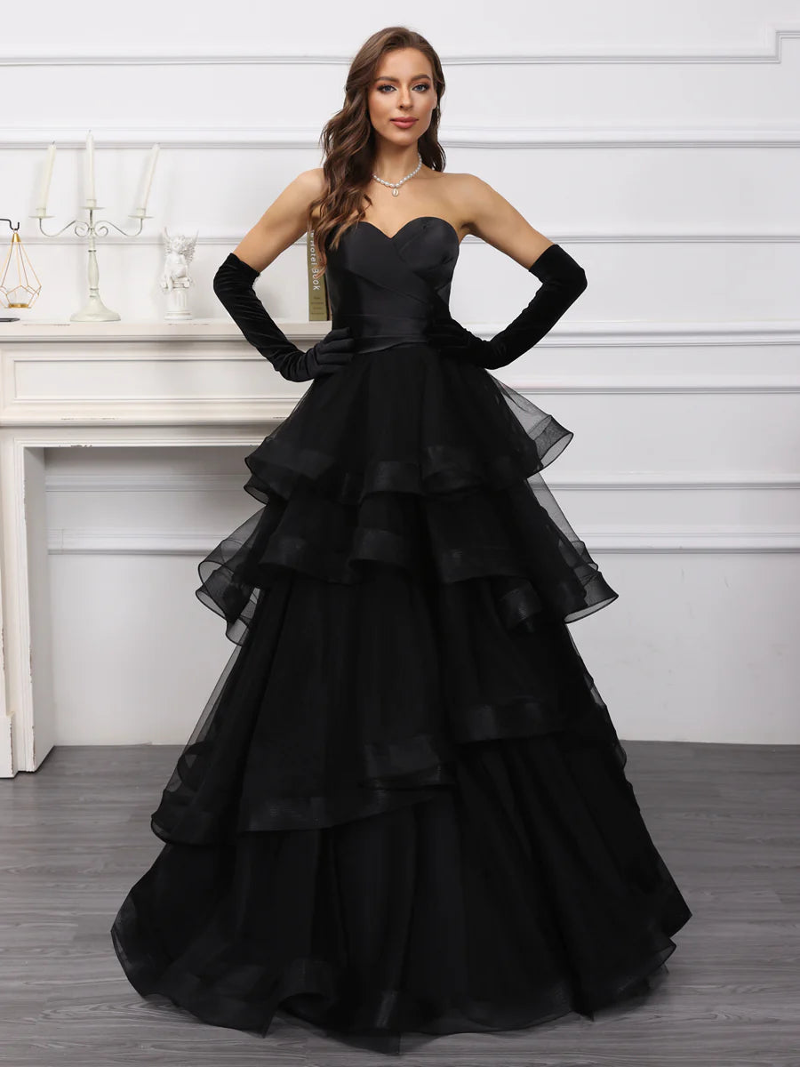 A-Line/Princess Sweetheart Long Tulle Dresses With Ruffles Tulle Lace Gown