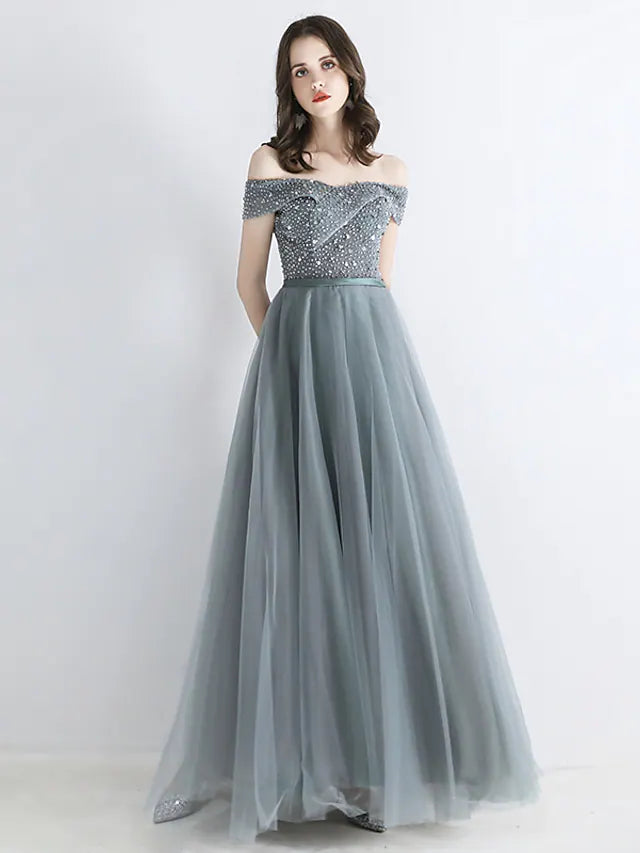 Prom Dresses Engagement Floor Length Short Sleeve off Shoulder Tulle Sash Ribbon Beading Tulle Dress Glamour