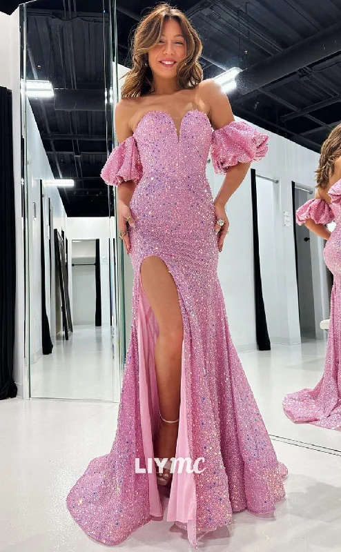 LP1287 - Sweetheart Puff Sleeves Sequins Mermaid Sparkly Prom Dress Lush Sequin Dress