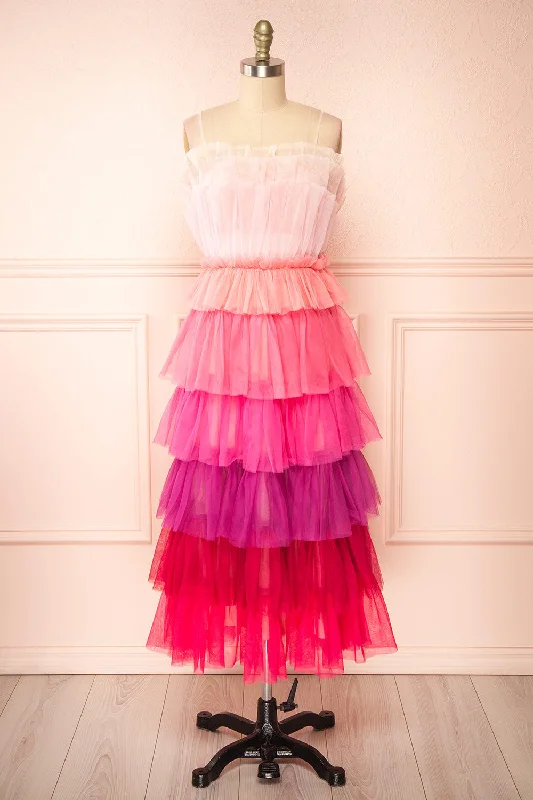 Audee | Pink Layered Tulle Midi Dress Tulle Dress Flow