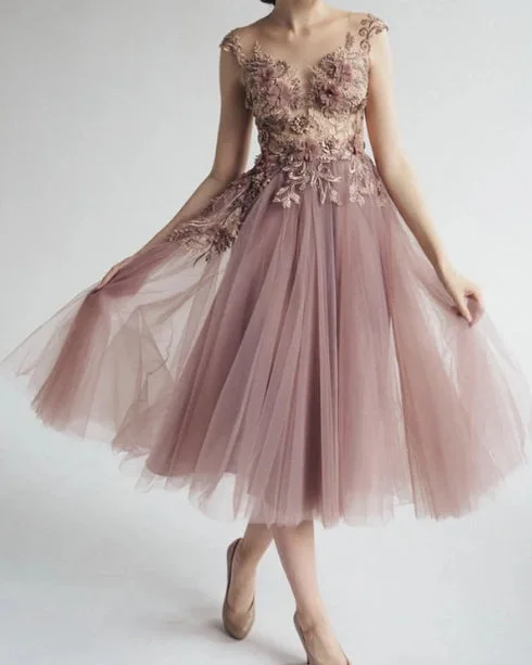 Dusty Pink Tulle Appliques Dresses Tea Length A-Line Princess Evening Dresses Sparkling Tulle Dress