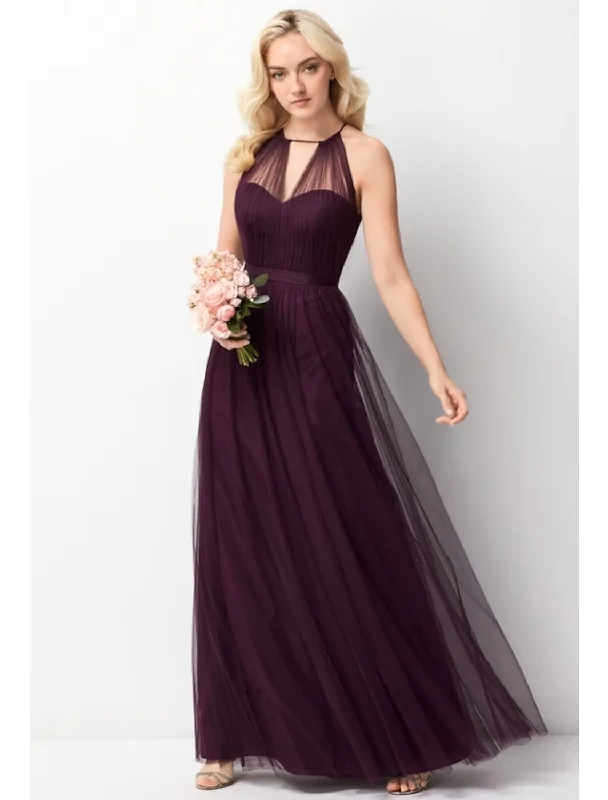 A-Line Bridesmaid Dress Halter Neck Sleeveless Elegant Floor Length Chiffon / Tulle with Ruffled Tulle Gown