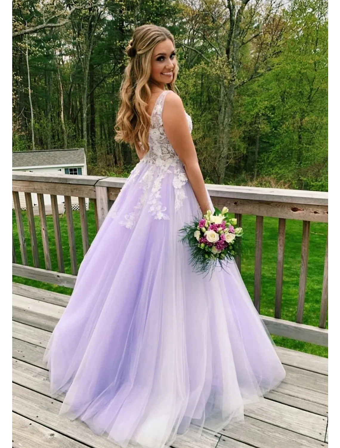 Ball Gown A-Line Prom Dresses Color Block Dress Formal Floor Length Sleeveless V Neck Tulle BacklessBack with Formal Tulle Dress