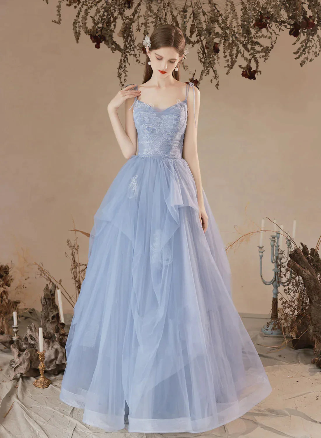 Light Blue Tulle with Lace Straps A-line Prom Dress, Blue Straps Evening Dress Tiered Tulle Dress