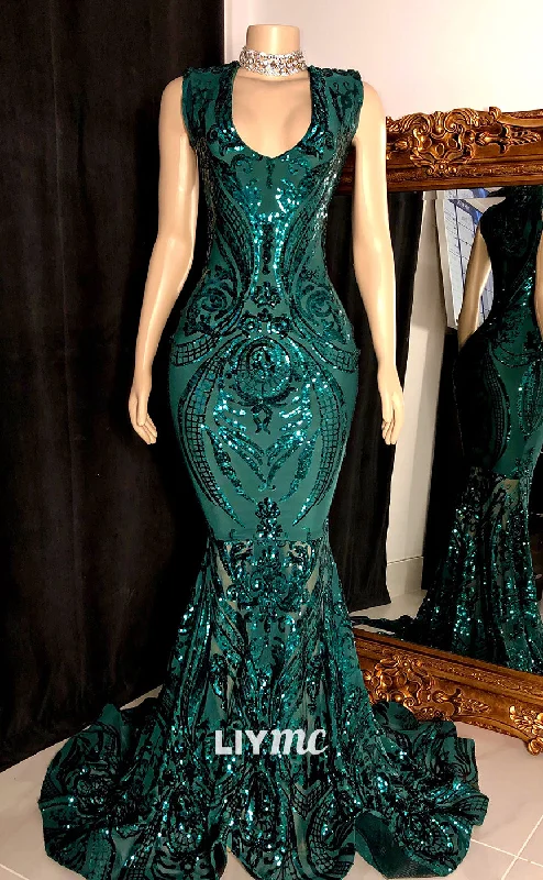 LP1405 - V-Neck Sleeveless Sparkly Sequins Appliques Mermaid Prom Dress for Black Girls Short Sequin Dress