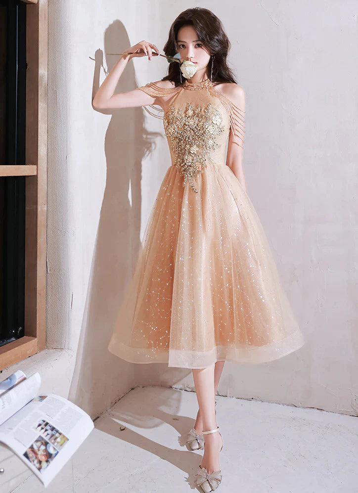 Champagne Halter Tea Length Shiny Tulle with Lace, A-line Short Prom Dress Tulle Dress Ruffles