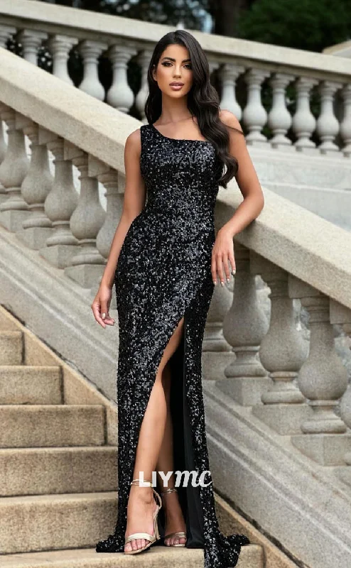 LP969 - Sheath One Shoulder Fully Sequins Black Sparkly Formal Prom Dress with Slit Backless Sequin Dress