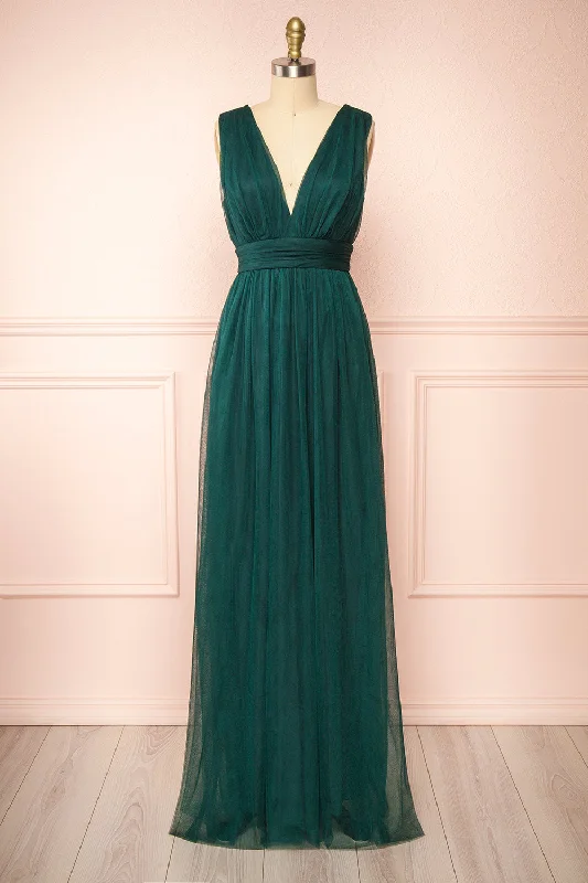 Samina Green | Tulle Maxi Dress w/ Plunging Neckline Stylish Tulle Dress