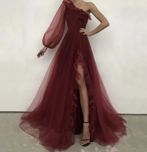 Burgundy tulle one shoulder prom dress evening dress Glitter Tulle Dress