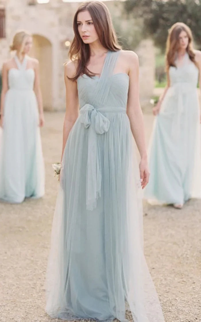 One-Shoulder Long Bowed Tulle Bridesmaid Dress With Ruching Tulle Dress Color