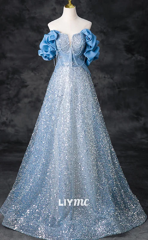 LP1899 - A-Line Off Shoulder Sequin Beads Blue Long Prom Dress, Blue Long Evening Dress Sequin Shift Dress