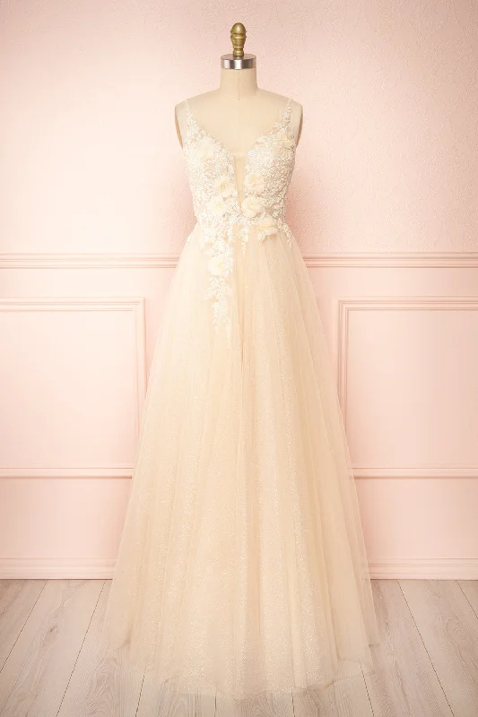 Clara Beige | Maxi Tulle Dress w/ Lace Bodice Tulle Dress Layers