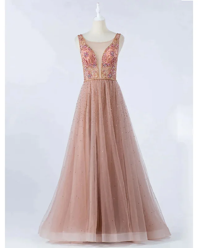 A-Line Luxurious Prom Formal Evening Dress Backless Sleeveless Floor Length Tulle with Crystals Beading Tulle Dress Charm