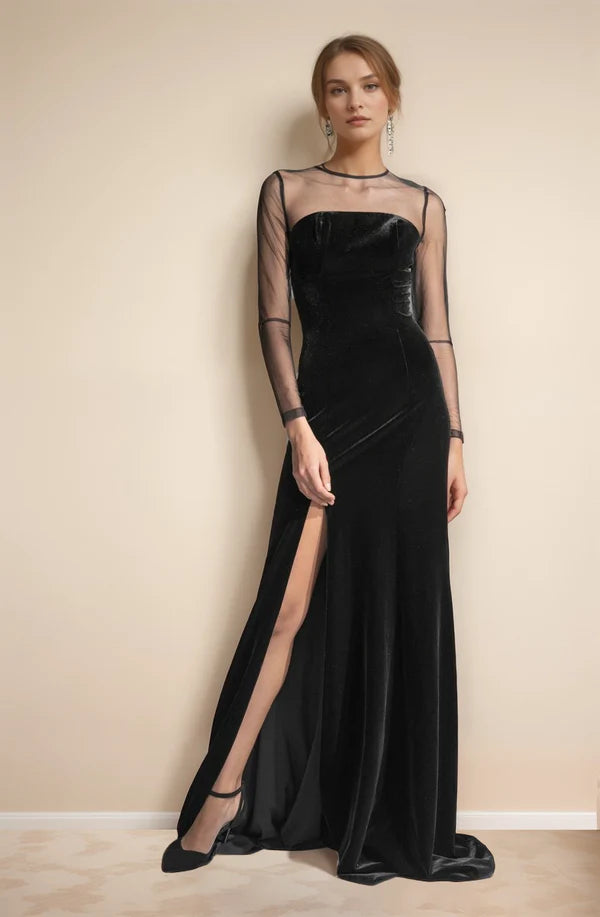 Elegant Velvet tulle mesh long sleeves vintage Black Velvet Dress slit Tulle Dress Soft