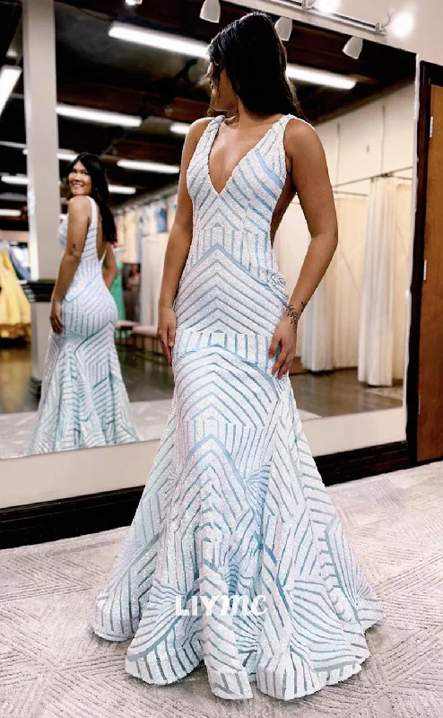 LP908 - Sexy V neck Sequins Mermaid Long Formal Prom Dress All-Over Sequin Dress