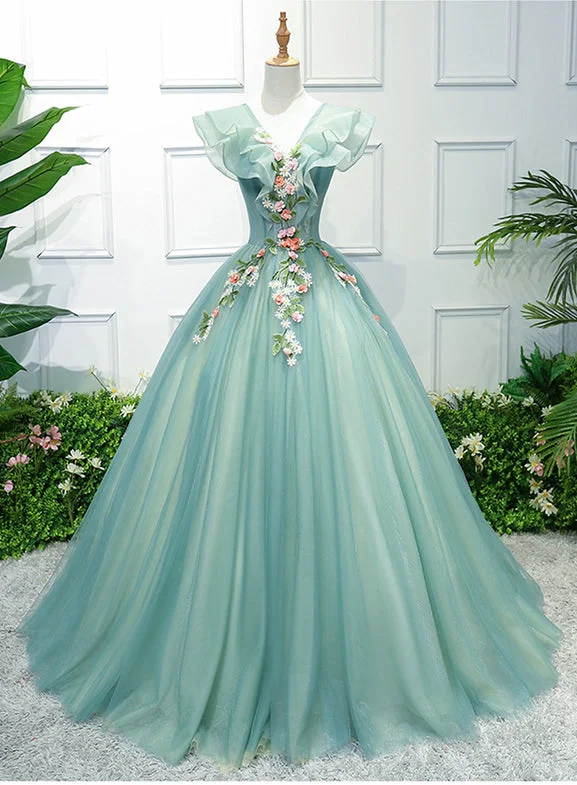 Gorgeous Green Long Tulle with Lace Applique Sweet Dress, Green Formal Gown Boho Tulle Dress