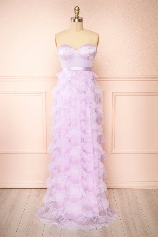 Jurin Lavender | Bustier Maxi Dress w/ Ruffled Tulle Black Tulle Dress