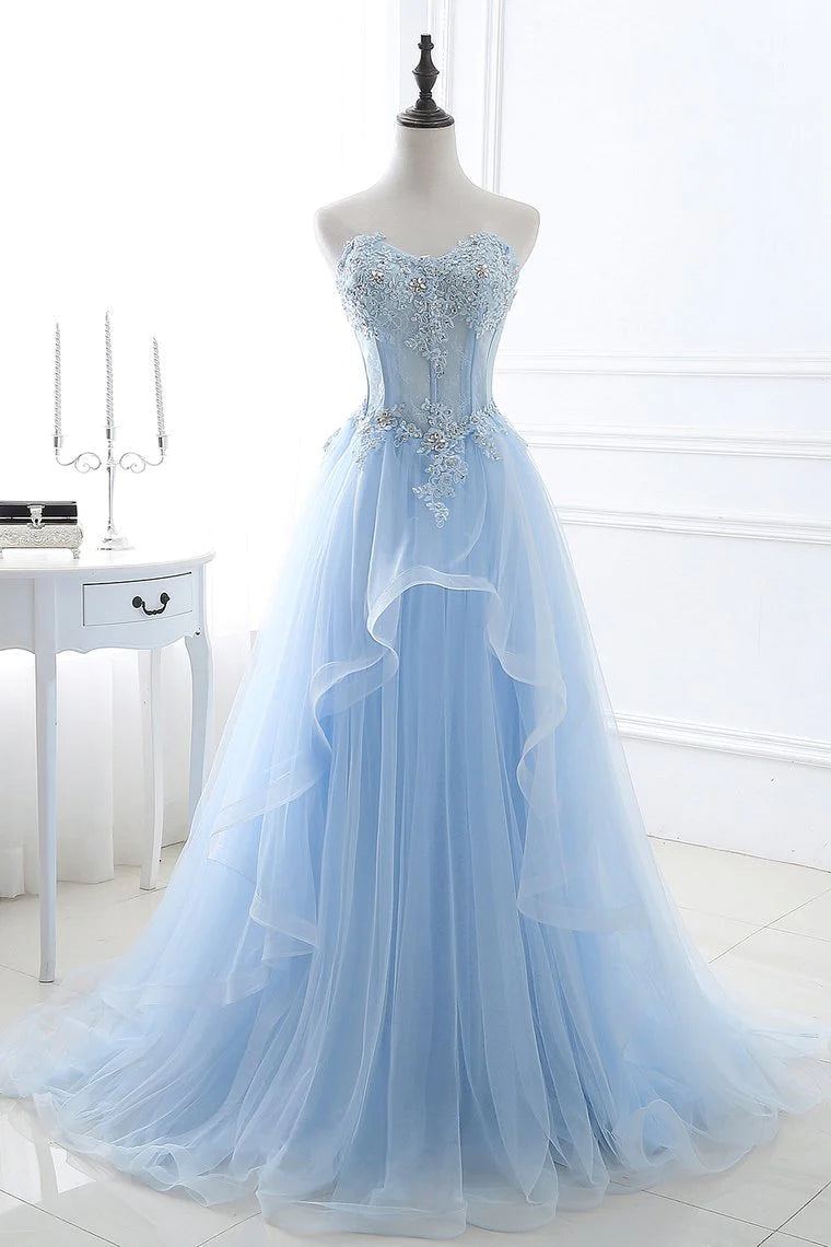 A Line Prom Dresses Sweetheart Tulle With Applique Sweep Train Elegant Tulle Gown