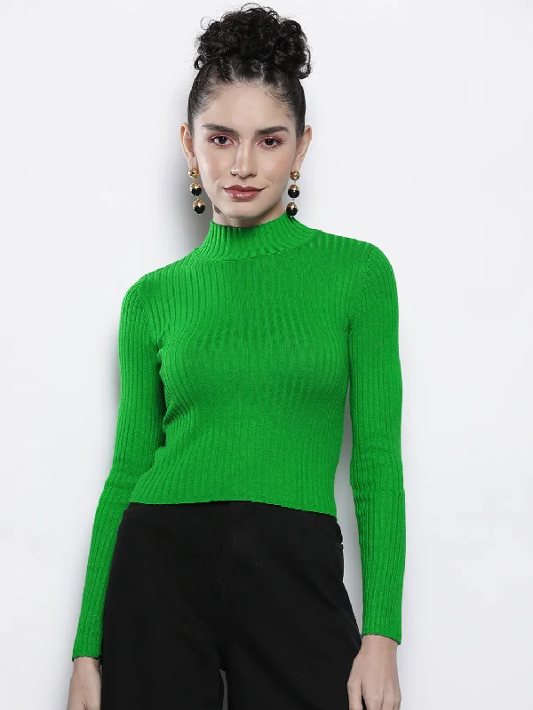 Women Green Rib High Neck Full Sleeves Sweater Comfy Sweatshirts for Fall