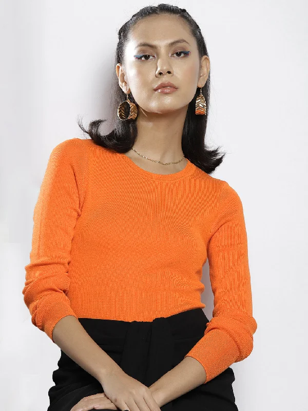 Women Orange Rib Round Neck Full Sleeves Crop Sweater Soft Sweatshirts for Women